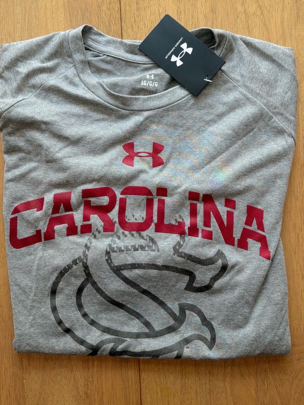 NWT Under Armour Gray Short-Sleeve Carolina Graphic Tee with Red Logo